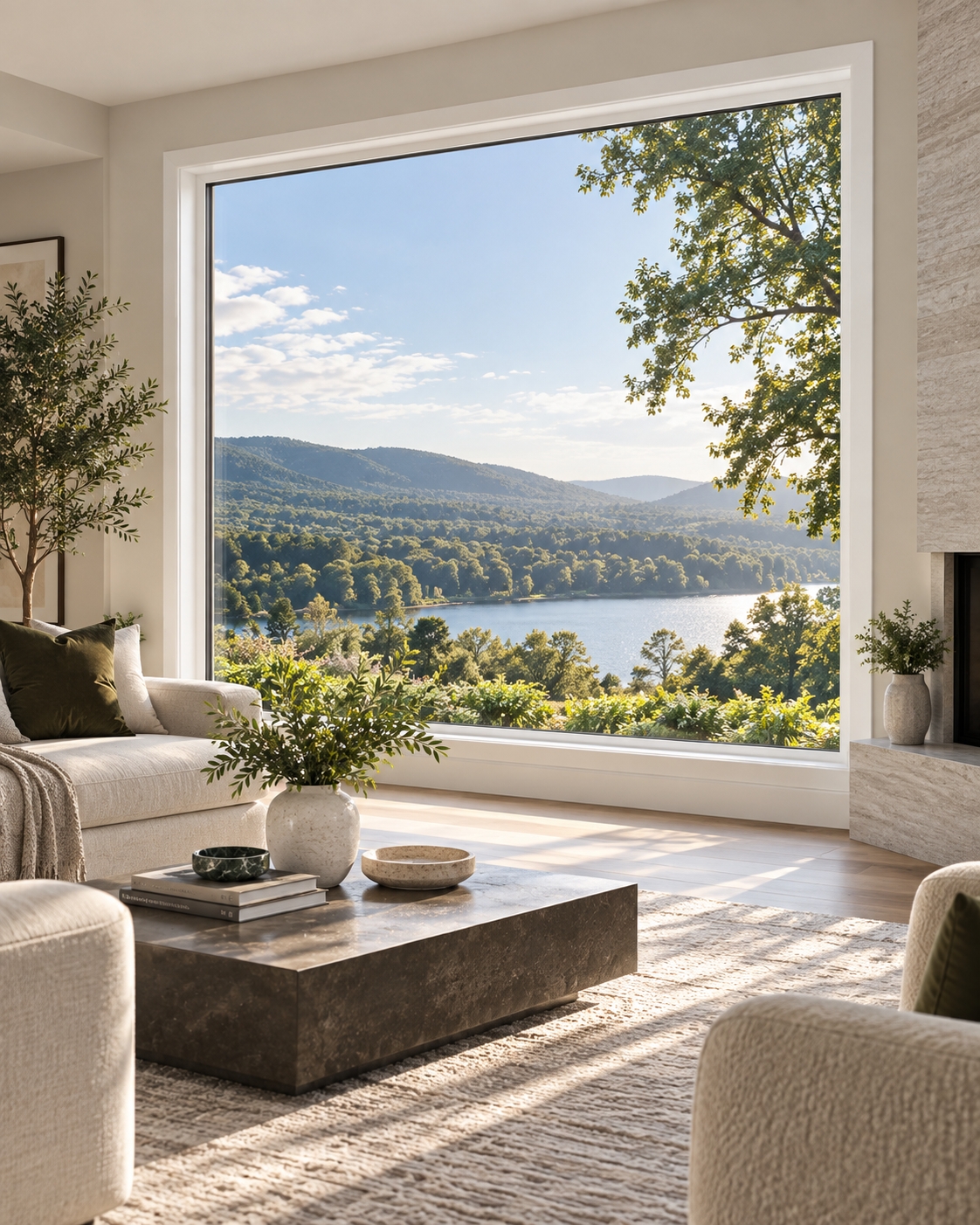 White casement windows opened in a Houston Texas living room
